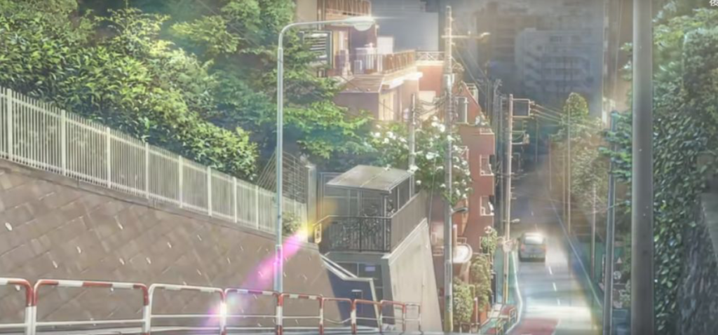 a shot from the anime film showing Nozoki Hill.